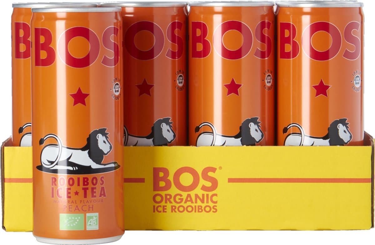 Bos Ice Tea Rooibos Peach - biologisch en cafeïnevrij - 12 blikjes x 25cl (EAN: 6009880030637)