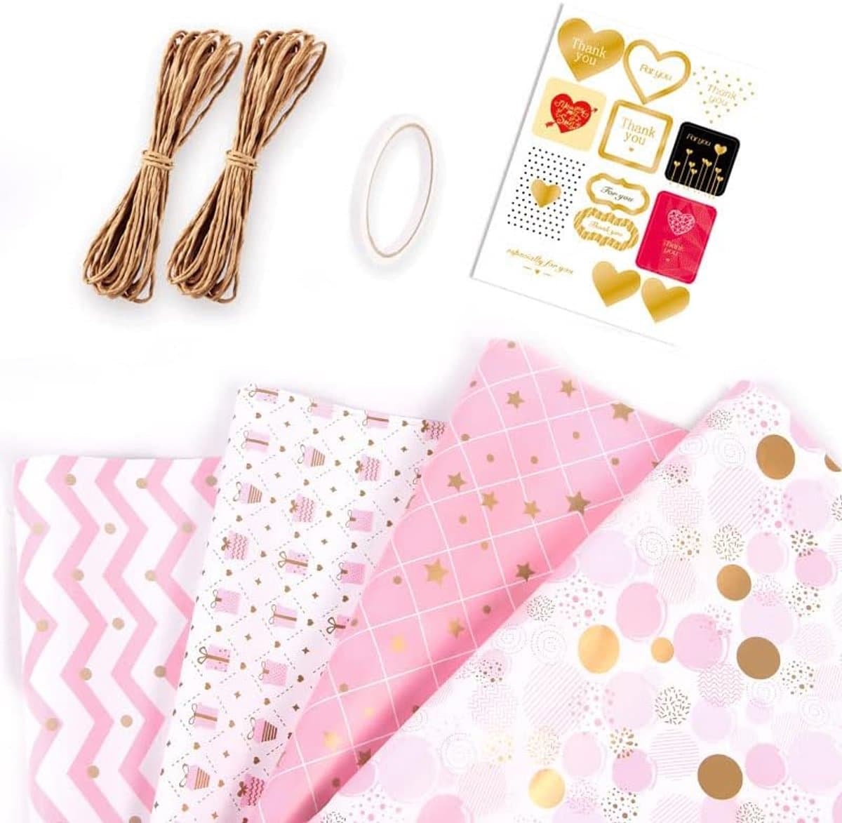 Cadeaupapier - Happy Birthday Inpakpapier - Cadeauverpakkingspapier Verjaardagsset - 50×70cm - Met henneptouw en tape - papier - cadeautjes inpakken - voor Verjaardag, Kinderdag, Valentijnsdag,Moederdag, Kerstmis, Nieuwjaar - Roze (EAN: 9318528279...