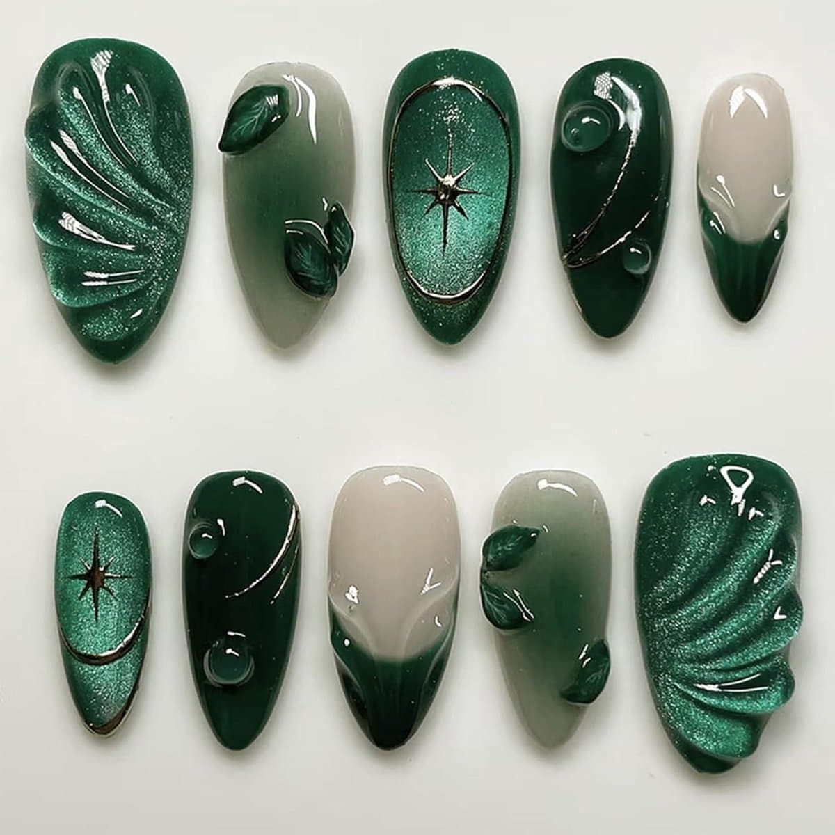 Handgemaakte Press-on-Nail Set - 24 Stuks Zwarte Groene 3D Trap Leaf Jelly Gel Nagels - Plaknagels voor Vrouwen - Stijlvolle Kunstnagels - Makkelijk Aan te Brengen (EAN: 6153018726746): Waarom ik overstag ging (die 3D details!) 🌿
