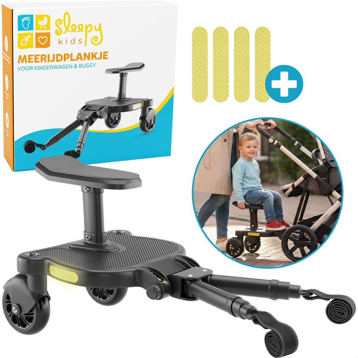SleepyKids® Meerijdplankje SafeRide - Universeel - Kinderwagen & Buggy - Board Met Zitje - Accessoires - Zwart (EAN: 8720938220302)