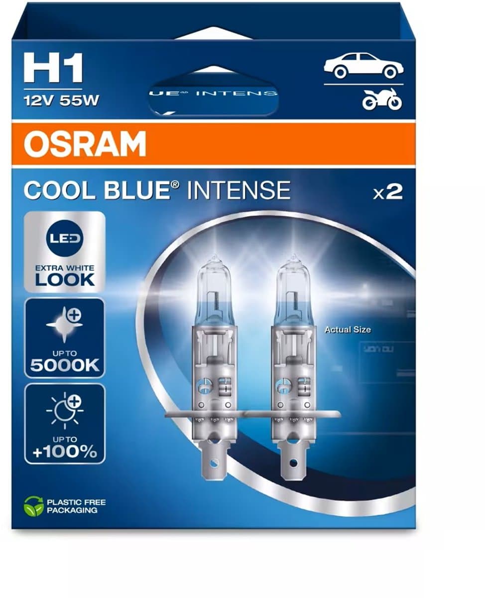 OSRAM Cool Blue Intense Next Gen H1 halogeen autolampen – witter licht en tot 100% meer zicht - Duitse kwaliteit - set met 2 lampen - 64150CBN-2HB (EAN: 4062172388061)