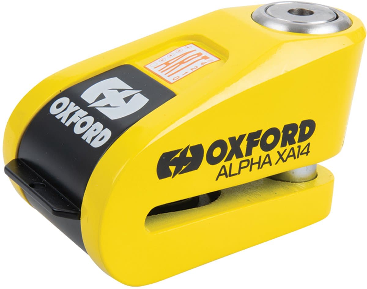 Oxford ART-4 schijfremslot met alarm – ART-4 - inclusief reminderkabel - Geel - Slotpen 14mm - 120db alarm (EAN: 5030009410017)