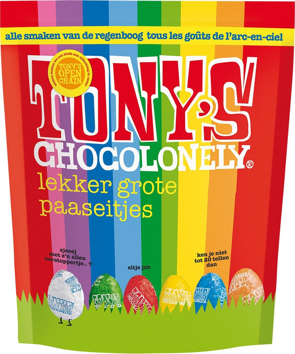 Tony's Chocolonely Paaseitjes Chocolade - Chocolade Mix - Uitdeelzak Pasen - Paaschocolade - Paascadeautjes voor Kinderen - Paas Cadeau - 24 x 230 Gram Paaseieren (EAN: 8719956491108): 📦 Wat zit er in de zak