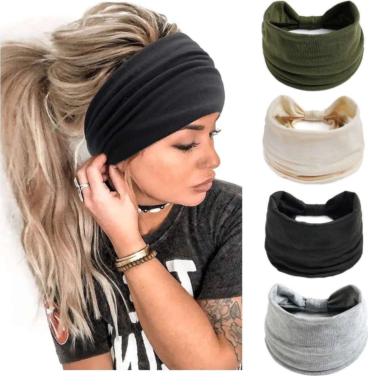 Extra Brede Dames Sport Haarbanden - Grijs - Zwart - Crème - Groen (EAN: 8720618839589)