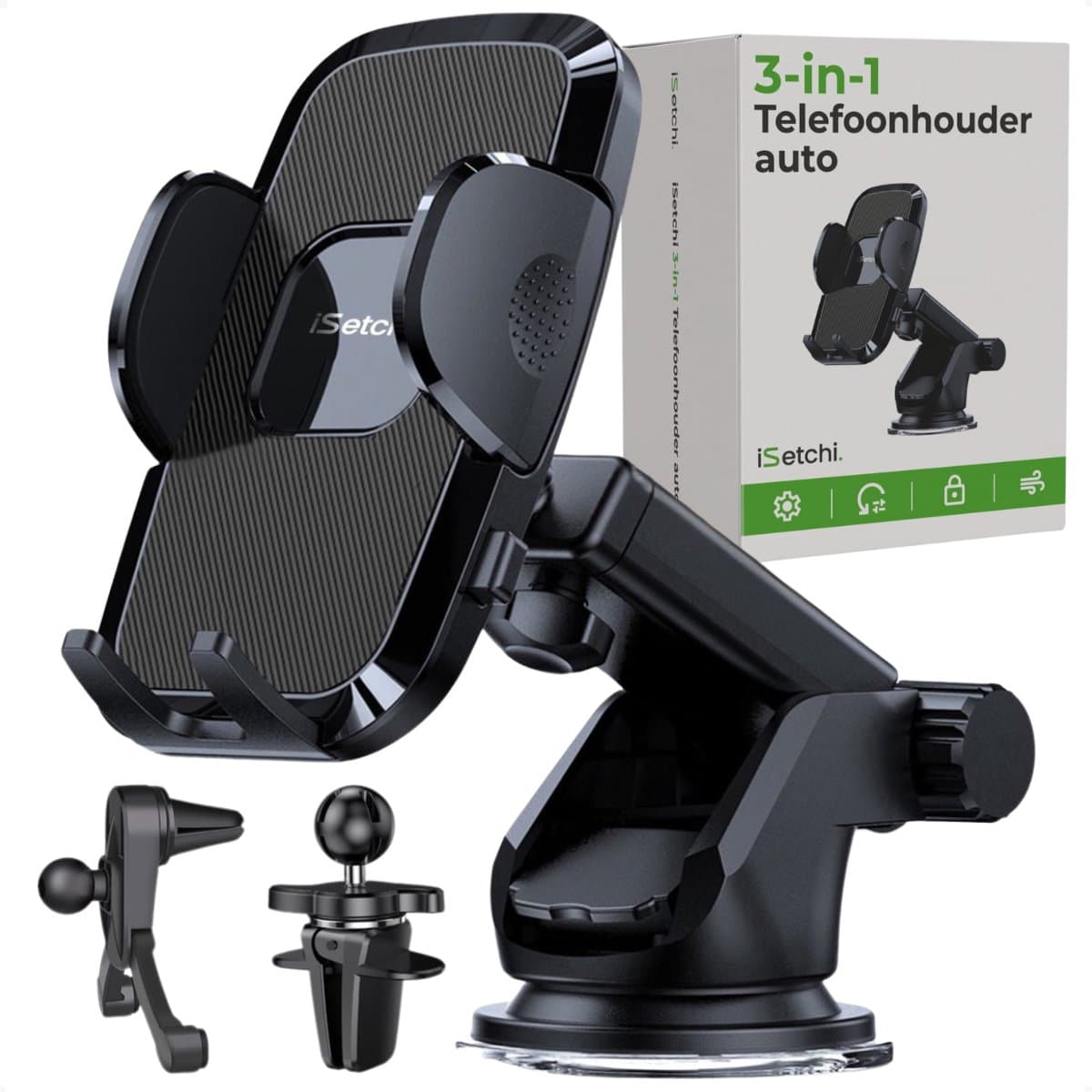 iSetchi Telefoonhouder Auto met Extra Sterke Zuignap (3-in-1) - Autohouder Voor Raam, Dashboard & Ventilatie Luchtrooster - GSM Mobiel Houder (EAN: 8720648399190)