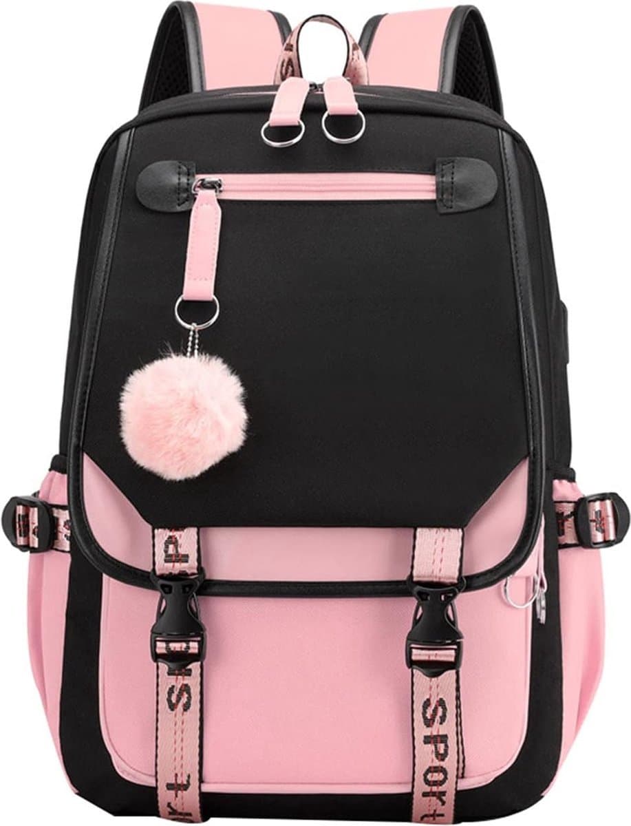 Meisjes School Student Schooltas Outdoor Rugzak Met Usb-Oplaadpoort, Zwart Roze - Schooltas - Rugzak - Rugtas - School - Meisjes - Jongens - Tieners - Boekentas - Rugzak Meisje - Rugzakken - Rugtas Voor Kinderen - Waterdicht - Laptop Rugtas (EAN: ...