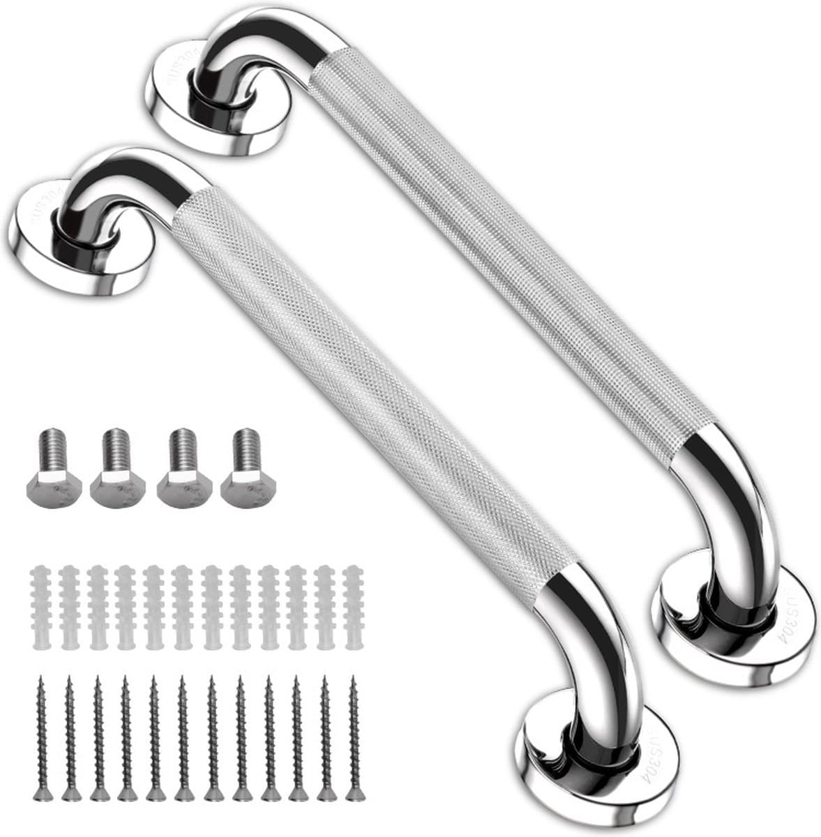 Wandbeugel - Extra Grip - Handgreep/Wandgreep Voor Badkamer/ Douche/Toilet - 30cm - 2 Stuks - Toiletbeugel - Badgreep - Douchegreep - Non-Slip Grab Bar - Badkamer Handvat - Badkamer - Keuken - Trap - Meubelbeslag - Inclusief Ophangmateriaal - Zilv...