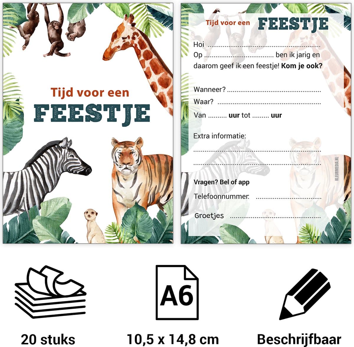 Uitnodiging kinderfeestje - Voordeelset 20 stuks - Thema Dieren Beschrijfbaar - Uitnodigingskaarten - Uitnodiging verjaardag - uitnodiging verjaardag feest - Uitnodiging kinderfeestje Jongen of Meisje - Uitnodiging feestje - uitnodigingen (EAN: 87...