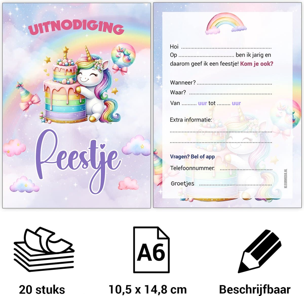 Uitnodiging kinderfeestje - Voordeelset 20 stuks - Thema Unicorn - Beschrijfbaar - Uitnodigingskaarten - Uitnodiging verjaardag - uitnodiging verjaardag feest - Uitnodiging kinderfeestje Jongen of Meisje - Uitnodiging feestje - uitnodigingen - Roz...