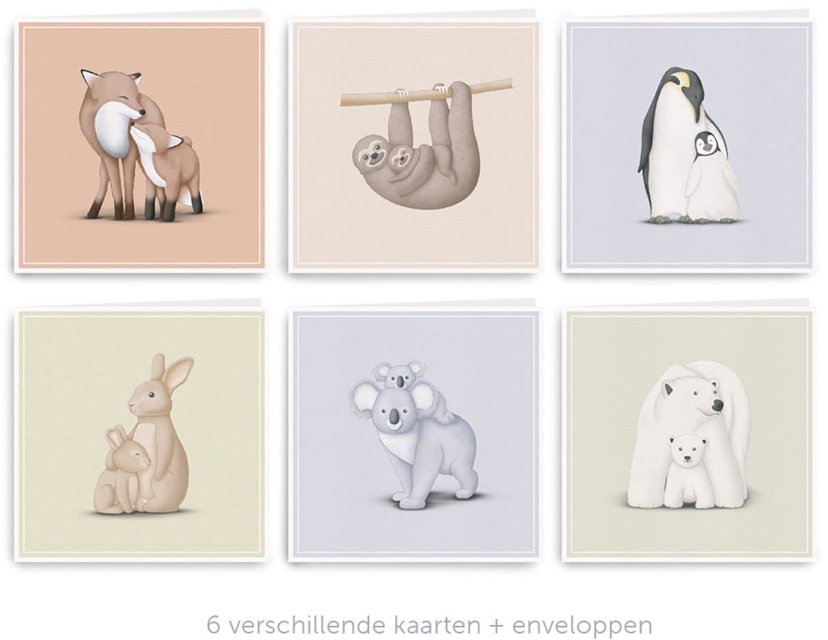 Inikini Geboorte Wenskaarten Set (6 Stuks) – Baby Felicitatiekaarten – Neutrale Blanco Kaarten met Dieren – Inclusief Enveloppen (EAN: 8721161660033)