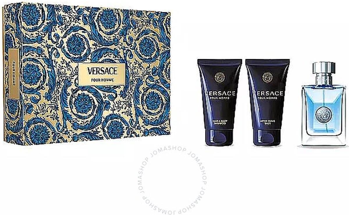 Versace pour Homme Giftset - 50 ml eau de toilette spray + 50 ml showergel + 50 ml aftershave balm - cadeauset voor heren (EAN: 8011003893485)