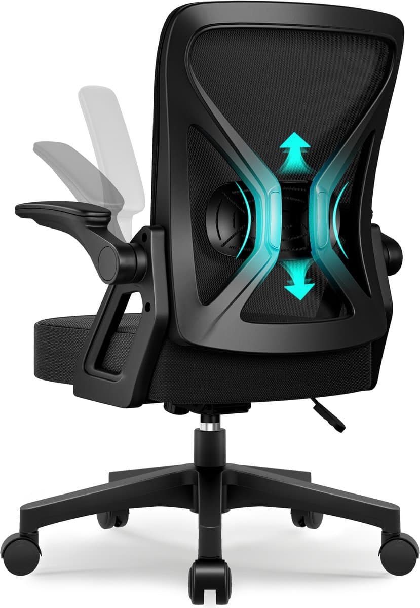 Hiaonyx Bureaustoel-Ergonomische bureaustoel-bureaustoelen voor volwassenen-Opklapbare armleuningen-Lendensteun-Verdikt en verbreed zitkussen-Zwart (EAN: 8721264560025)