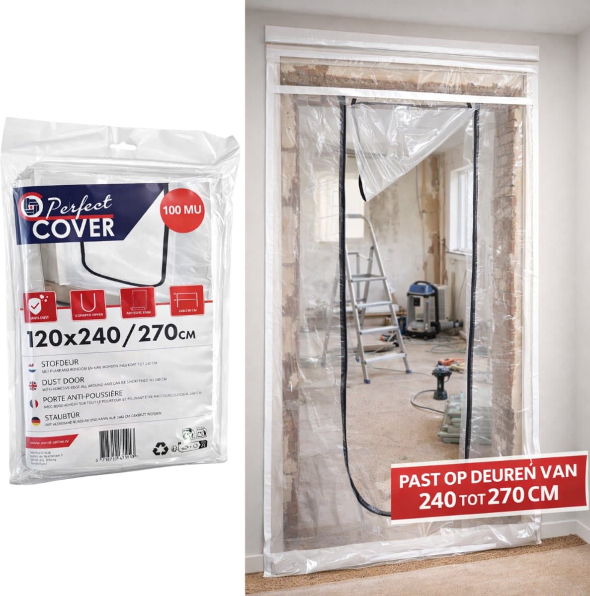 Perfect Cover® Stofdeur U met Rits - 2,4 m x 1,2 m - Deurhoes tegen Stof - Zelfklevend - Stofvrije Verbouwingen - Transparant (EAN: 8718719471913): De strijd tegen het stof (die je eindelijk kunt winnen) 🛡️