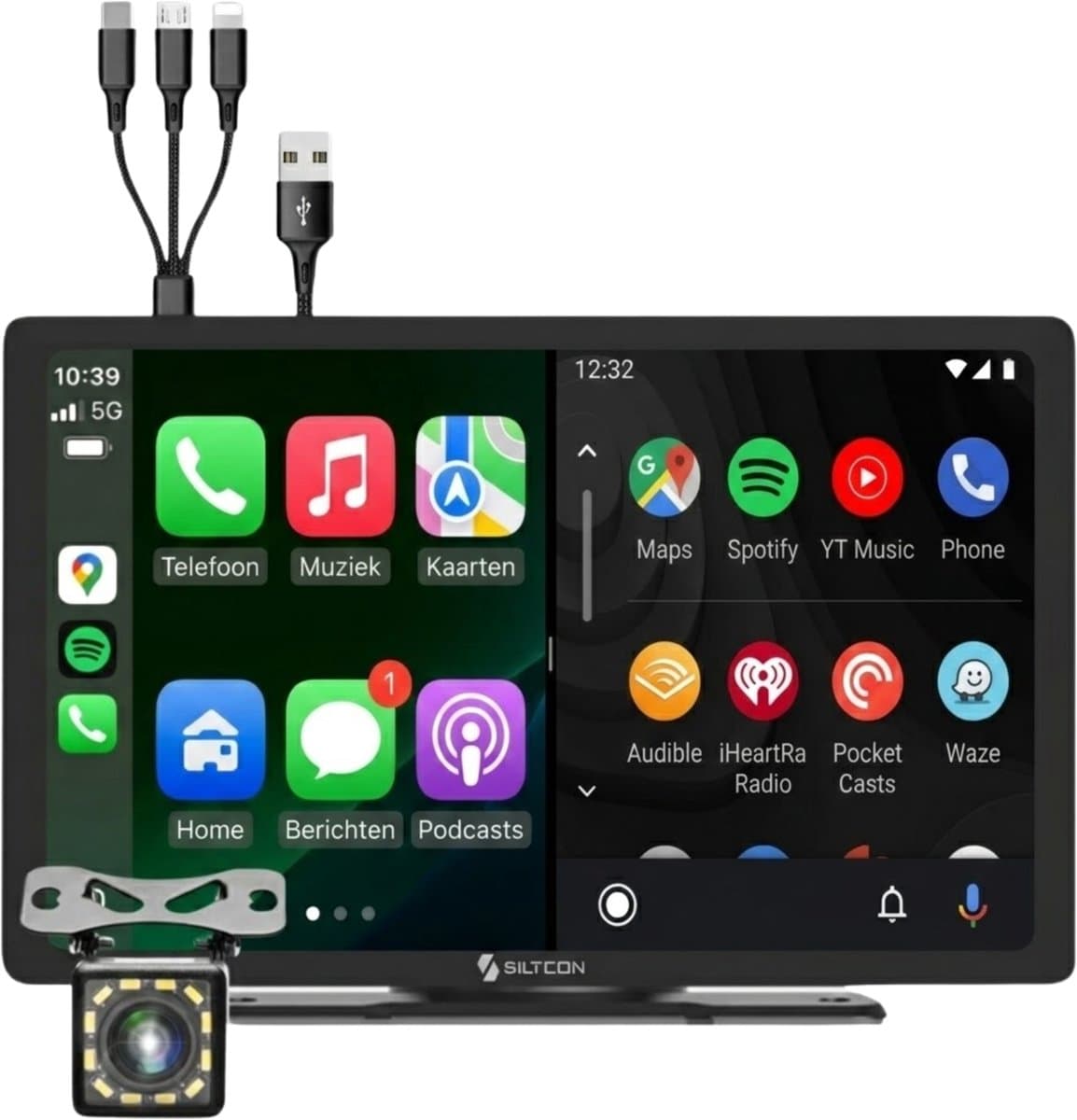 Siltcon® Geschikt voor Carplay Scherm 9 Inch - Geschikt voor Android Auto Scherm - Geschikt voor Apple Carplay - Navigatiesysteem Auto - HD Achteruitrijcamera - Touchscreen - AUX - FM - BT - Universeel - Incl. Oplaadkabels Telefoon - Zwart (EAN: 8...