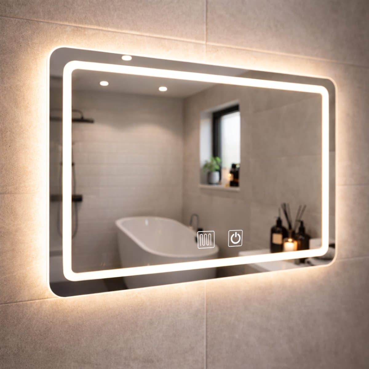 WoonWonder NovaGlow Badkamerspiegel Met LED Verlichting - Dimbaar - Anti-Condens - 2700K/4500K/6400K - 40cm x 60 cm - Transparant (EAN: 8721551600021): De NovaGlow Meer dan alleen een spiegel ✨