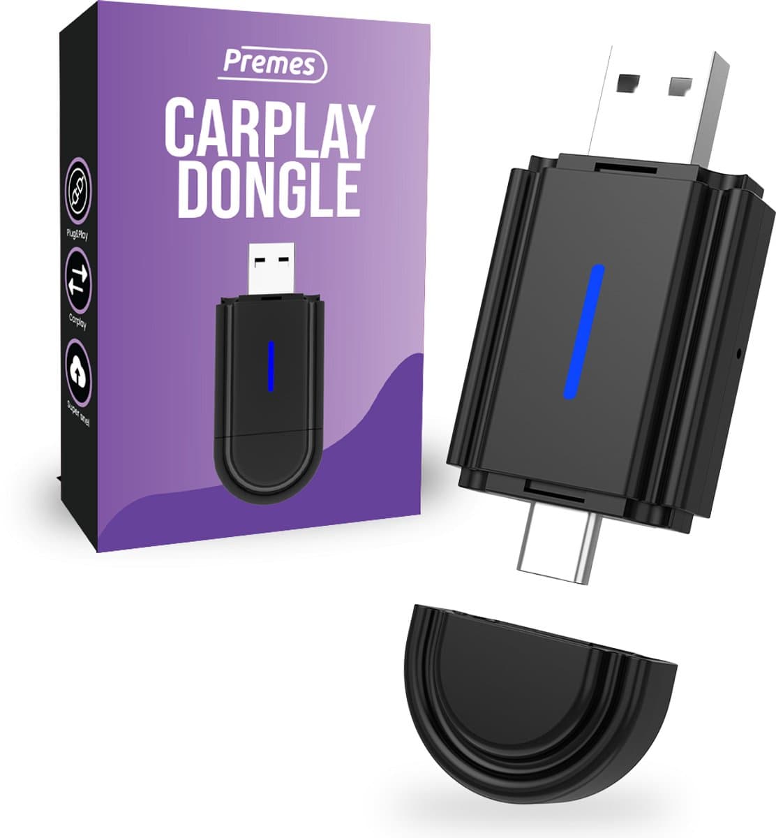 Premes - 2 in 1 Mini Carplay Dongle - Draadloos Carplay - Android Auto Dongle - Bluetooth Dongle - Carplay Adapter - Dongel - Draadloze Carplay - Wireless - Draadloos - Car Dongle - USB (EAN: 8721325969231): Wat is dit product precies