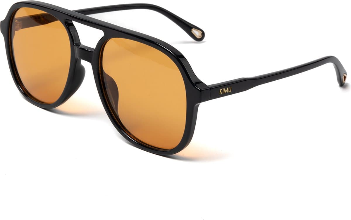 KIMU Motor Pilotenbril Rond - Zwart Montuur Kunststof - Oranje Glazen - Zonnebril Piloten Bril Influencer Motorbril Retro Heren Dames Piloot Koningsdag (EAN: 8720627130615)