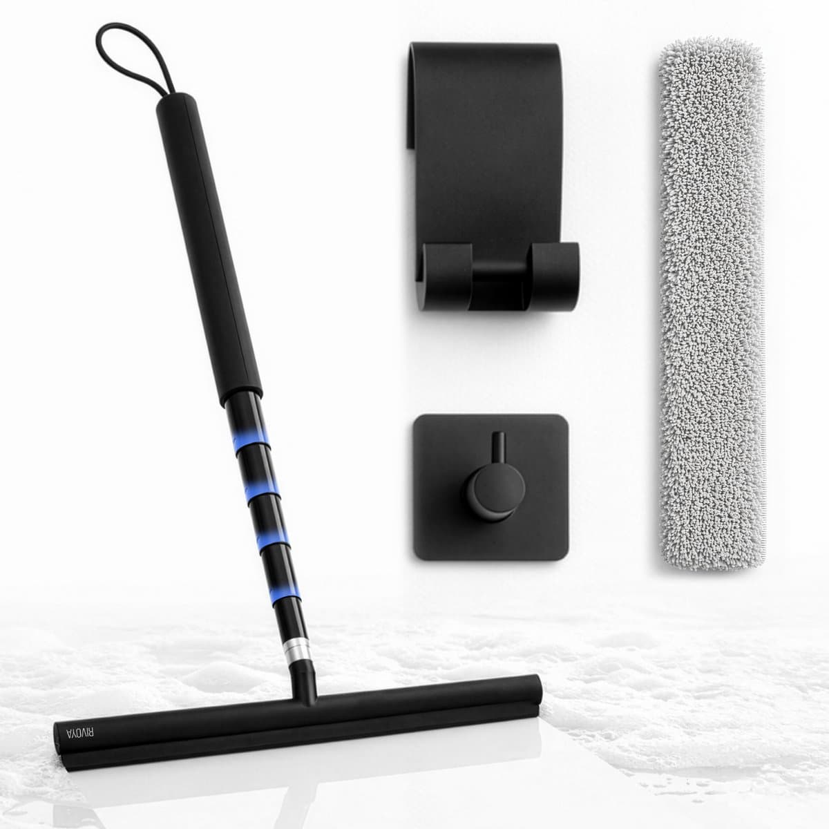 Rivoya Uitschuifbare Douchewisser - Tot 120 CM - Zwart - Vloertrekker met steel - Vloerwisser - Trekker Douche en Badkamer - Ramenwasser (EAN: 8721325407092): Zeg maar dag tegen rugpijn (en natte voeten!) 🚿