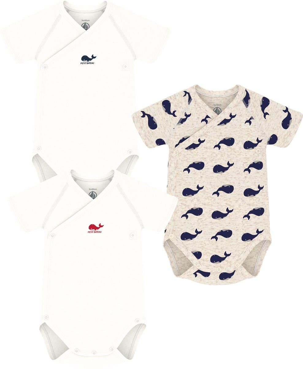 Petit Bateau Set van 3 katoenen rompertjes met print en korte mouwen voor baby's Unisex Rompertje - Wit/Blauw + Beige/Blauw + Wit/Rood (EAN: 3617102631154): **Waarom deze set**