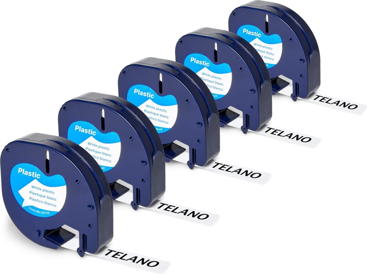 5 stuks Plastic Labels 91201 geschikt voor Dymo LetraTag Labelprinter - Zwart op Wit - 12 mm x 4 m - S0721610 Labeltape - Telano (EAN: 8719325906899)