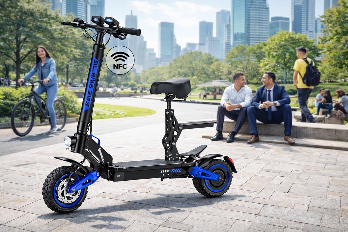 U1 PRO Dual-Drive Electric Scooter with Seat – 1000W (2×500W) Motors, 48V 20.8Ah Lithium Battery, Up to 70 km Range, 10-Inch Vacuum Tires | Front & Rear Disc Brakes, NFC Smart Lock | black ( with blue accents) (EAN: 8721516184054): Wat maakt de U1...