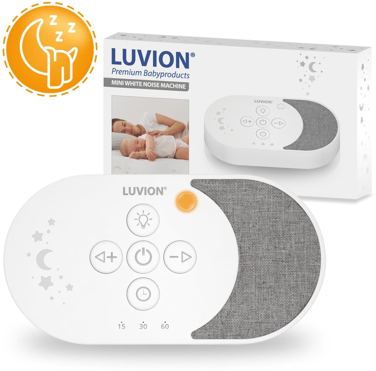 LUVION® White Noise Machine Moon Edition 2024 - Soundspa - Kalmerende Slaaphulp met Witte Ruis voor Baby's, Kinderen én Volwassenen - Speelt ook je eigen liedjes af via Bluetooth! - Help jezelf of je Baby Beter Slapen! (EAN: 8718546348457)