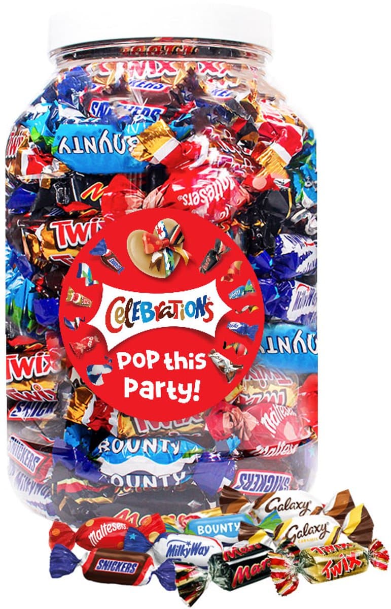 Mars Celebrations mega chocolademix met opschrift "Pop this party!" - chocolade van Twix, Snickers, Mars, Bounty, Maltesers, MilkyWay & Galaxy - 1200g (EAN: 5404038618766): Waarom ik er überhaupt aan begon
