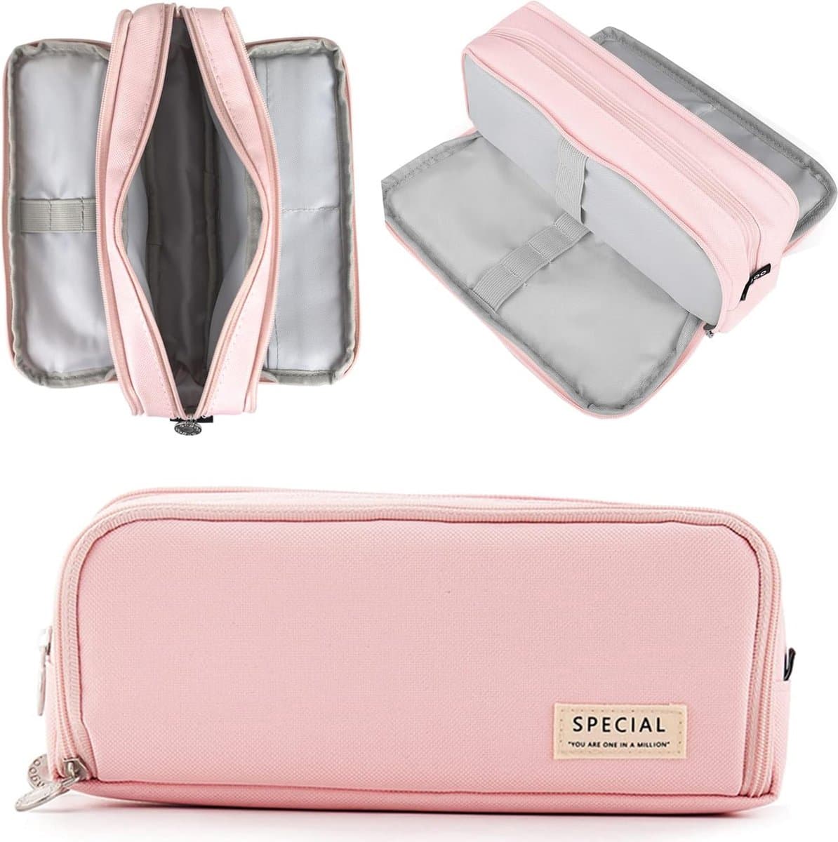 Pennenetui voor meisjes en jongens, met 3 vakken, groot, etui voor meisjes en tieners, pennenetui met 3 vakken, voor kinderen, studenten, volwassenen, school, kantoor, make-up, cadeau, roze, visitekaartjeshouder (EAN: 6096125088096): **Een Pennene...