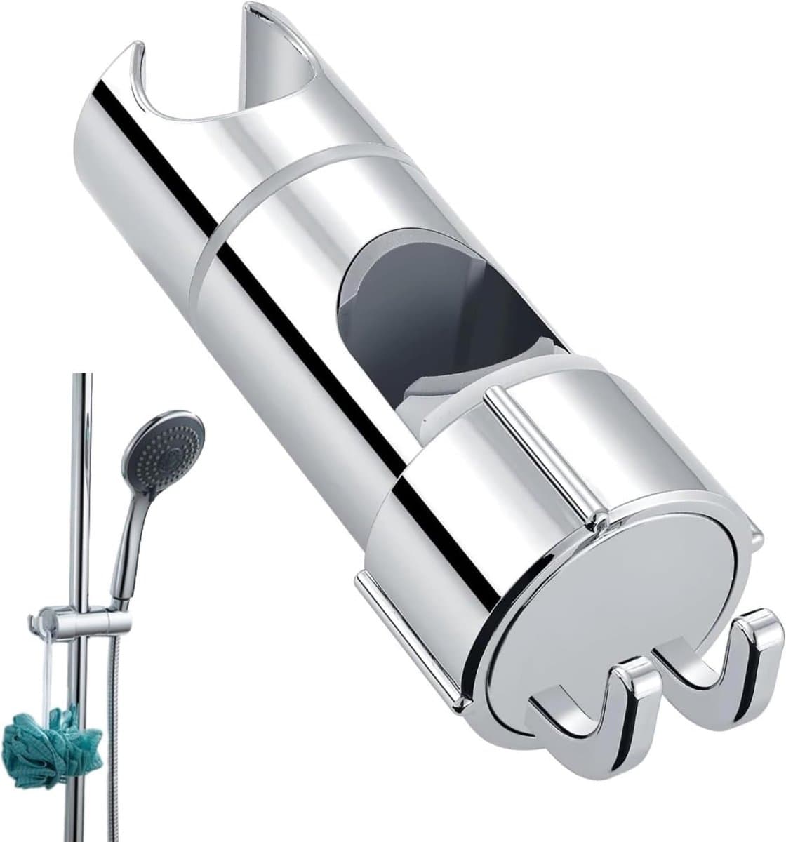 Glijstuk Voor Douchestang - ø 18-25 Mm - Handdouche-Beugel - Met 2 Haken - Chromen - Verstelbare - ABS - Handdouche - Douchekop - Douchekop Houder- Handdouchehouder - Douche - Badkamer - Zilver - Universele - Voor Douchestang - Eenvoudige Installa...