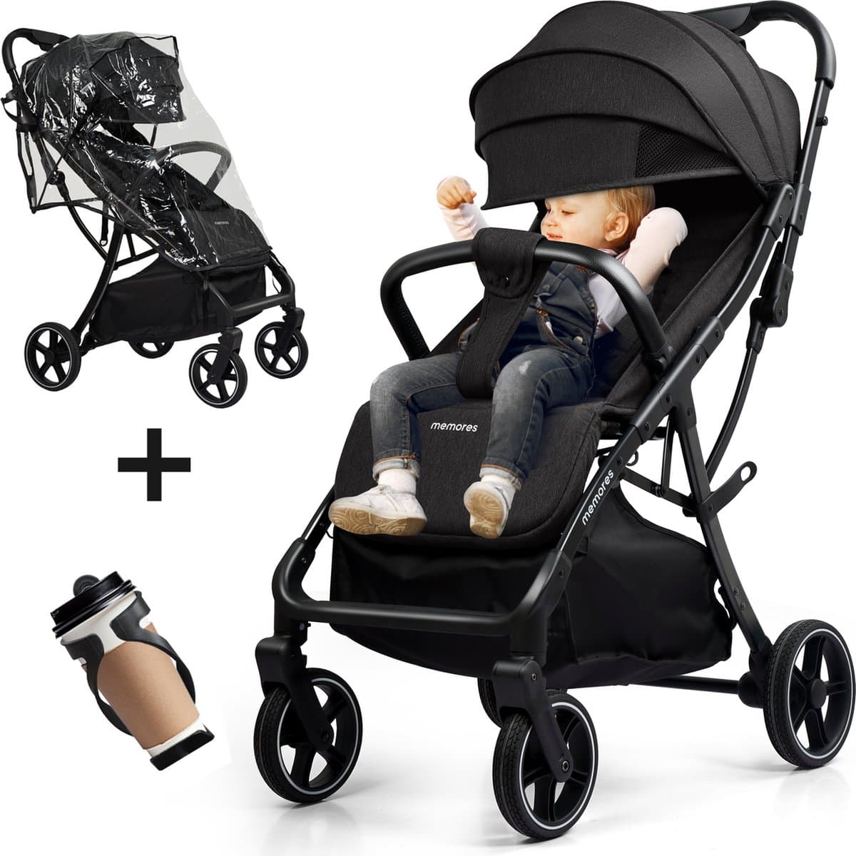 Memores Plooibuggy Zwart - Buggy Inklapbaar Inclusief Regenhoes, Bekerhouder en Tassenhaken - Peuter -Extra licht & Compact voor Vliegtuig, Auto & OV - Extra Veilig en Wendbaar door Grote Massieve Wielen - Tot 4 jaar - Kinderwagens - Wandelwagen -...