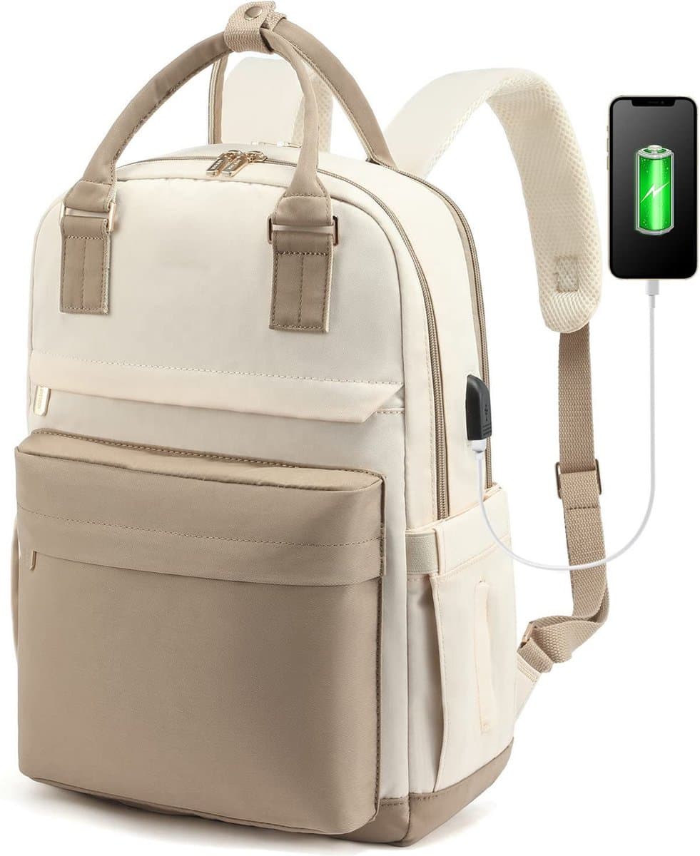 Vermanto Rugzak - Rugtas - Dames - Meisjes - Vrouwen - Laptop - Boekentas - Werk - School - Waterdicht - USB - Beige - Wit (EAN: 5487567601706)