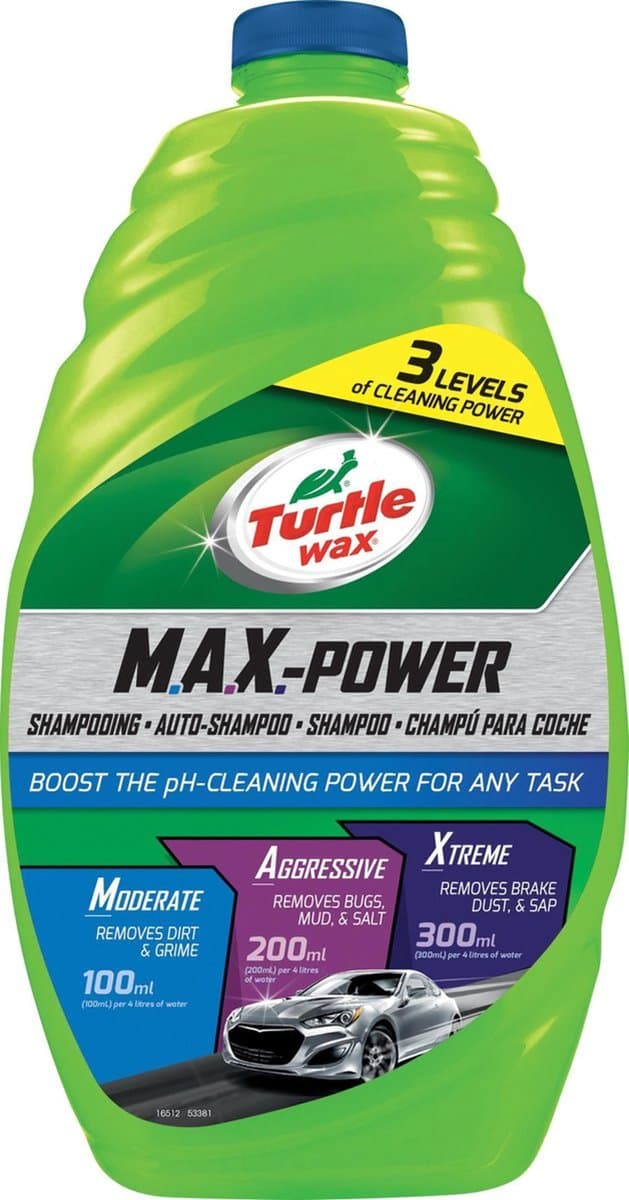 Turtle Wax Max-Power Car Wash - 3 niveaus van reinigingskracht - Met krachtige reinigingsboosters - Voor verwijderen van insectenspatten, zwaar vuil & remstof - Super schuimend - 1,42 Liter (EAN: 5010322533815)