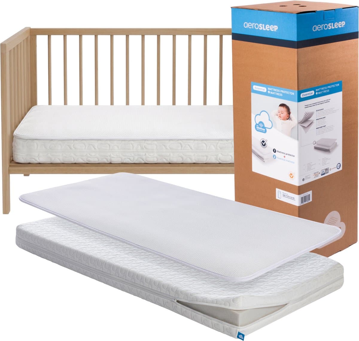 AeroSleep® Essential 2-in-1 matraspakket: Babymatras + 3D matrasbeschermer - 120 x 60 cm (EAN: 5413421813688)