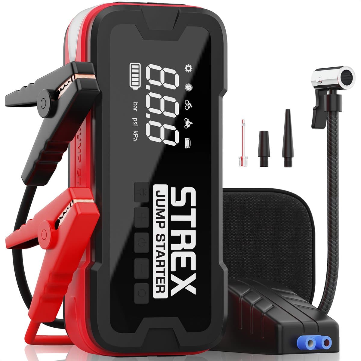 Strex 12V Jumpstarter voor Auto & Motor met Compressor - 4000A / 24.000 mAh - 5-in-1 Starthulp met Compressor, Powerbank, LED Zaklamp en SOS Noodlicht - Jump Starter - Incl. Hardcover (EAN: 8721098880344): Het Strex 12V Jumpstarter Jouw nieuwe bes...
