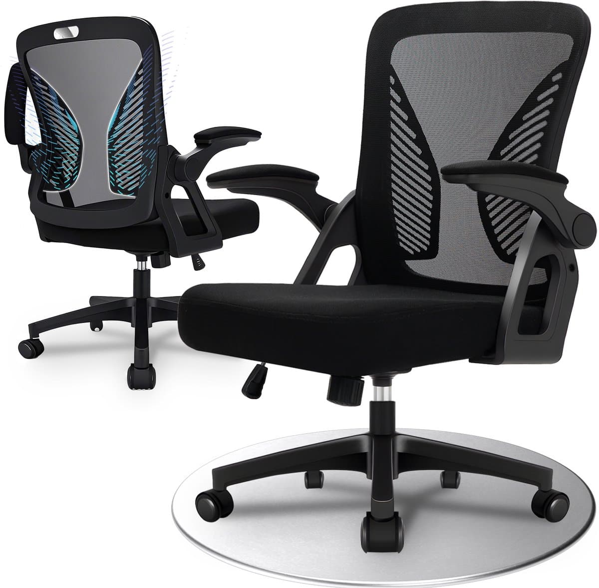 Milacyee Bureaustoel - Ergonomische Bureaustoel - Office Chair - Bureaustoelen voor Volwassenen - Computerstoel met Mesh Rugleuning & Lendensteun - 90° Opklapbare Armleuningen - Stille Wieltjes - Tot 150 kg, Zwart - Geschikt voor Thuiswerk en Kant...