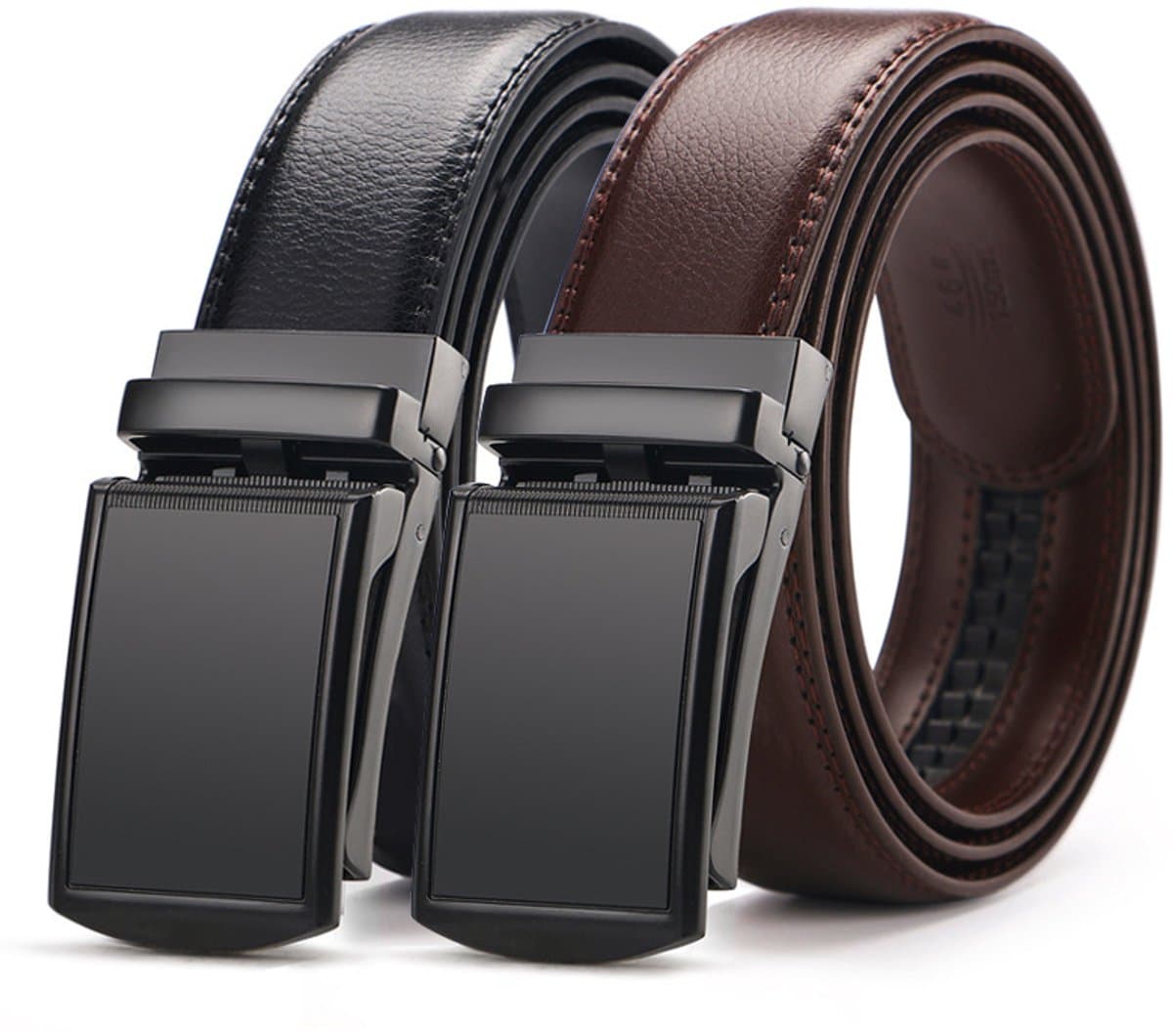 2 Stuks - Heren Riem - Split-Lederen Heren Riemen Automatische Gesp - Leren Riem - Verstelbaar - Cadeau Mannen -Inkortbaar - Cadeau Man - Koe Leer - Zonder Gaatjes - Zwart&bruin - 120cm (EAN: 9318528320311)