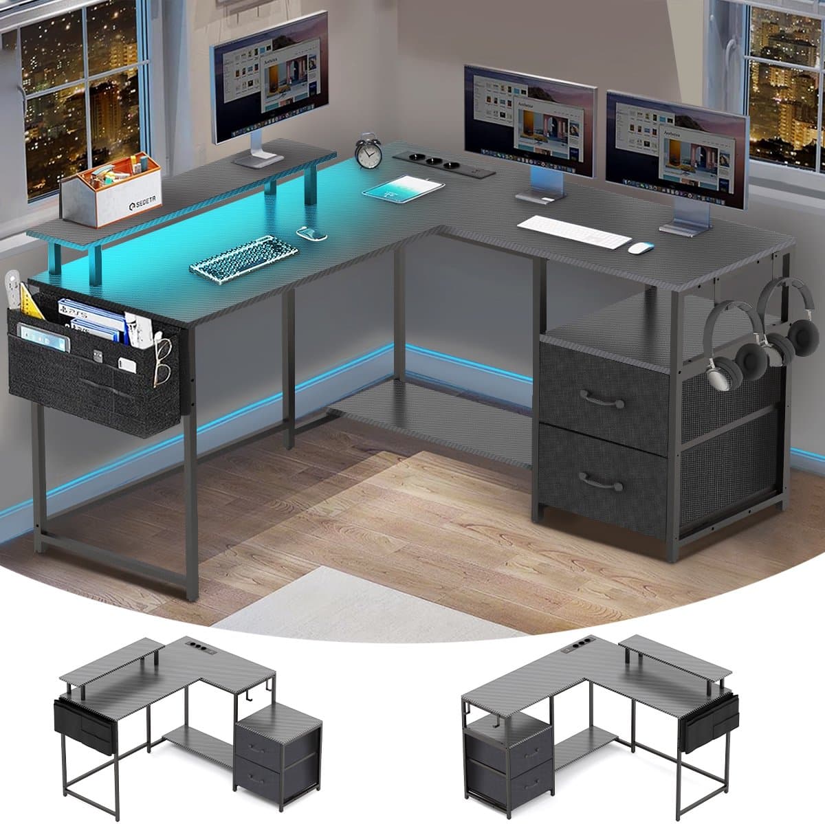 Gaming Bureau met LED Verlichting - 120x120x75cm - L-Vormig Game Bureau met Stopcontact - 2 Non Woven Lade - Gaming Desk - Computer Tafel - Gaming Tafel - Bureau voor Gamen, Studeren en Werken - Zwart (EAN: 8711727397664): ✨ Waarom deze bureau zo’...