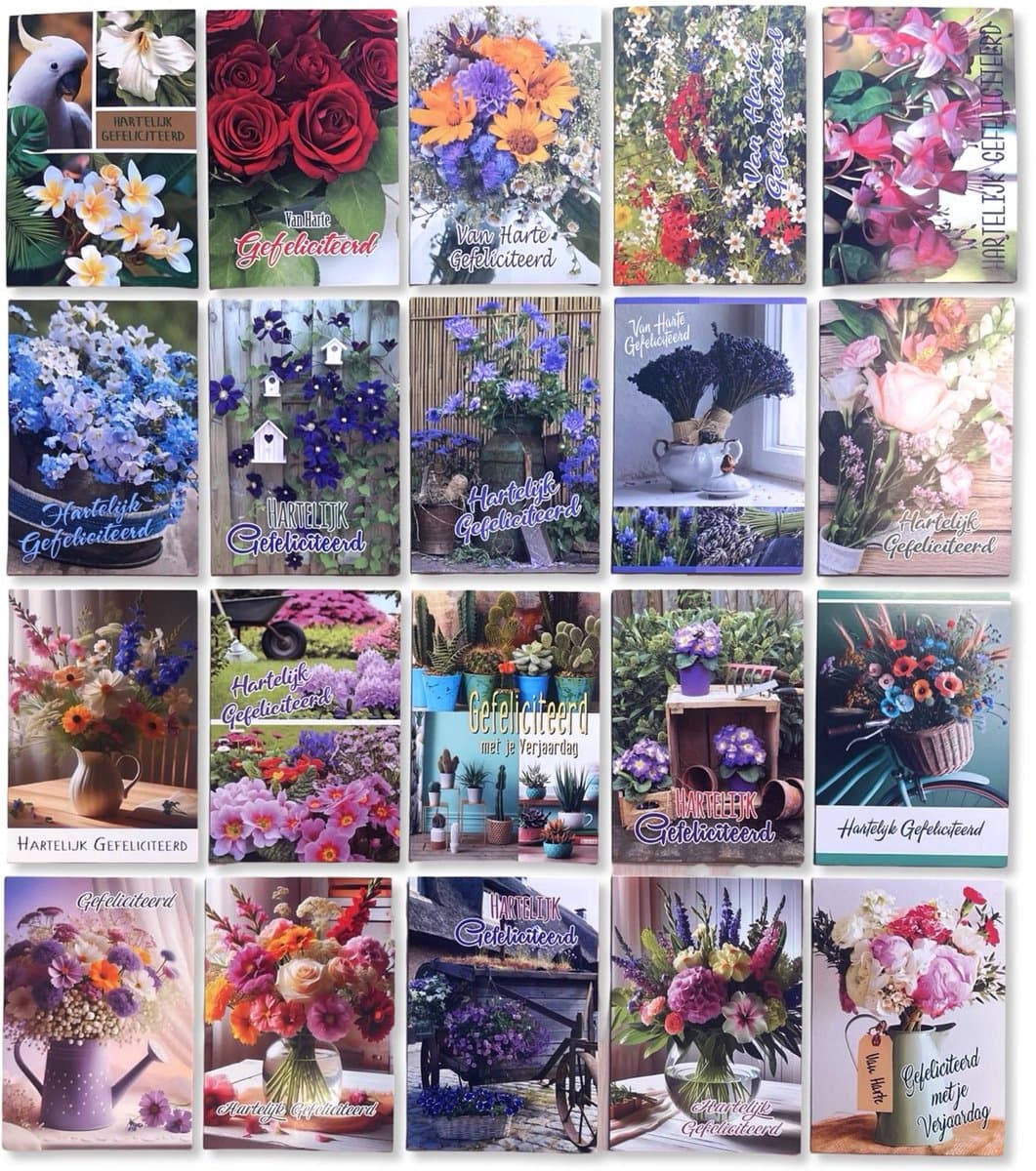 Cards & Crafts 20 Bloemen Verjaardagskaarten set - 12x17cm Felicitatie Wenskaarten set met enveloppen (EAN: 7106619148898)
