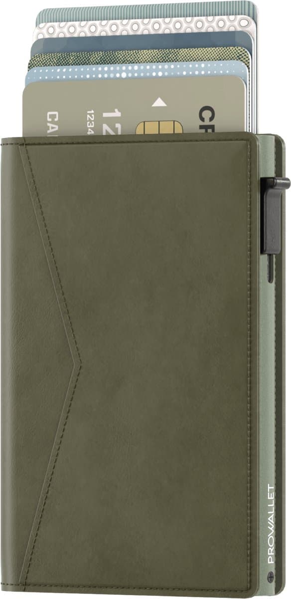 Prowallet Slim - Olijfgroen - Pasjeshouder voor 8 pasjes en briefgeld - Uitschuifbaar - RFID Creditcardhouder - Kaarthouder Portemonnee, Premium Pashouder voor Mannen & Vrouwen - Aluminium, Kunstleer - Incl. Luxe Cadeaubox (EAN: 8720387009343)