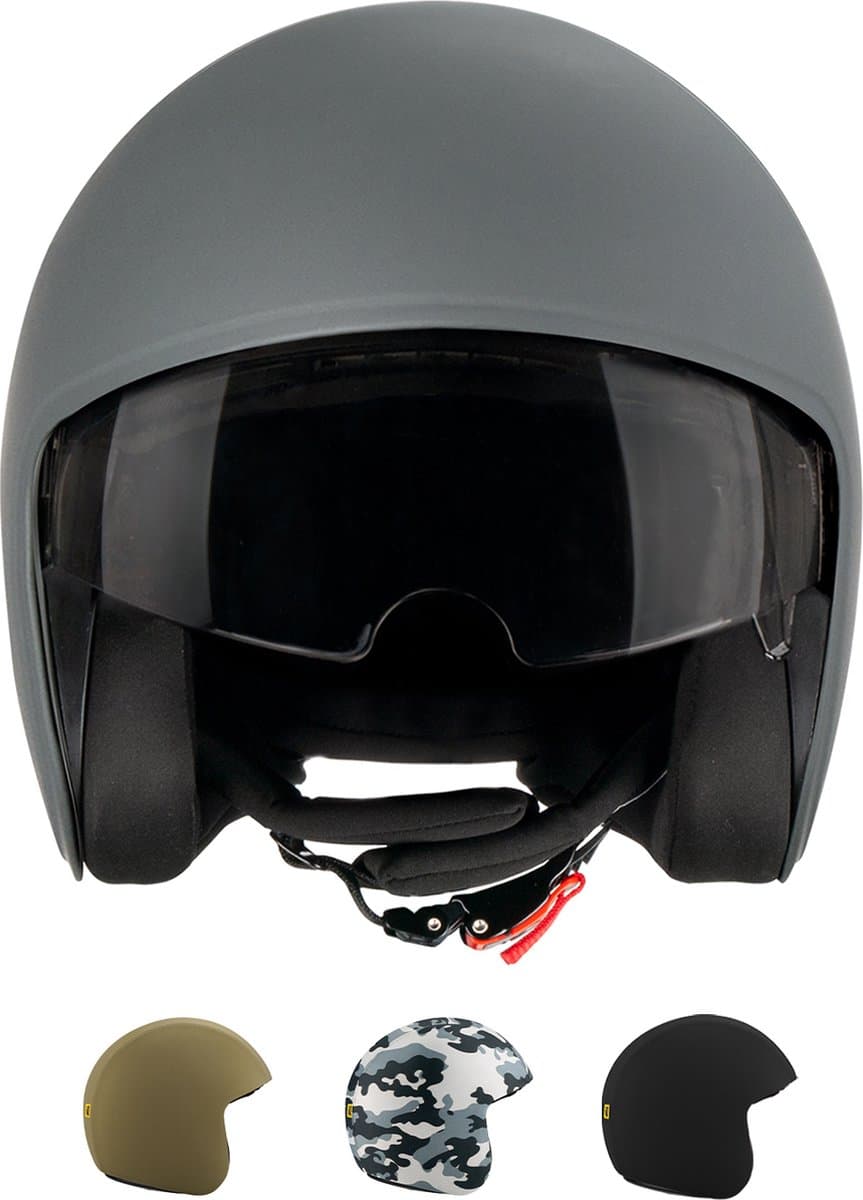 TOF BASE HELM 1.0 - Geschikt voor verwisselbare TOF SKIN - Scooter helm - Brommer helm - Motor helm - Jethelm - Fashionhelm - Retro helm - Goedgekeurde helm - Geïntegreerd zonnevizier (EAN: 8720865663043): 🎨 Persoonlijke Stijl Geen Probleem!