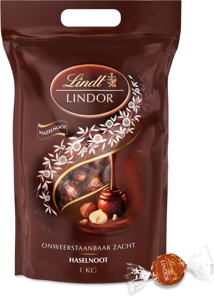 Lindt LINDOR Hazelnoot melkchocolade bonbons 1kg - 80 zacht smeltende chocolade bonbons - Hersluitbare verpakking (EAN: 4000539901584)