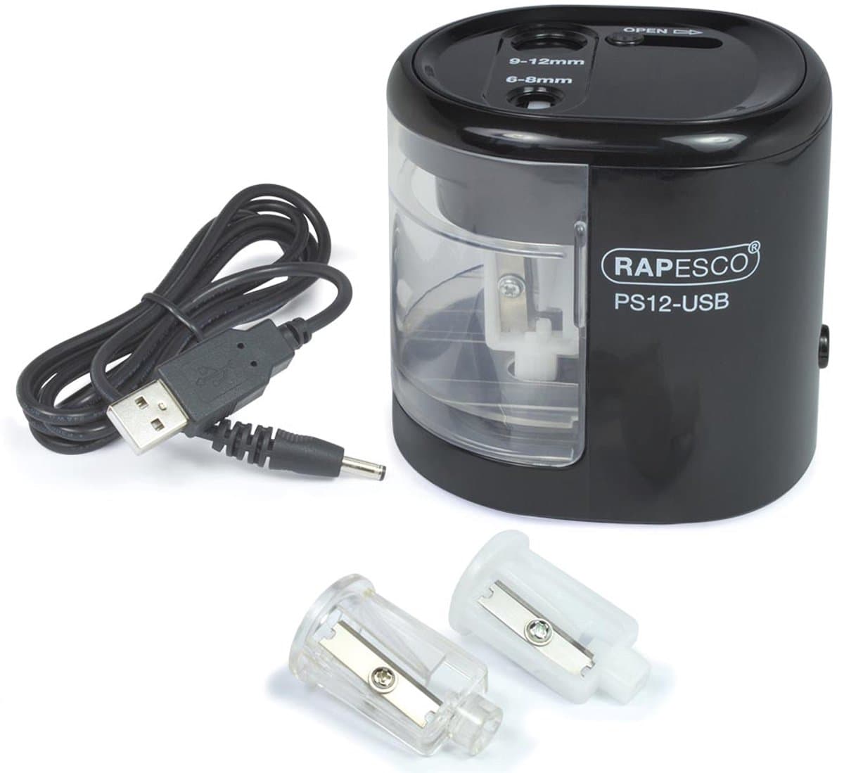 Rapesco PS12-USB - Automatische (elektrische) puntenslijper - USB/batterij - Zwart (EAN: 5018505011259)