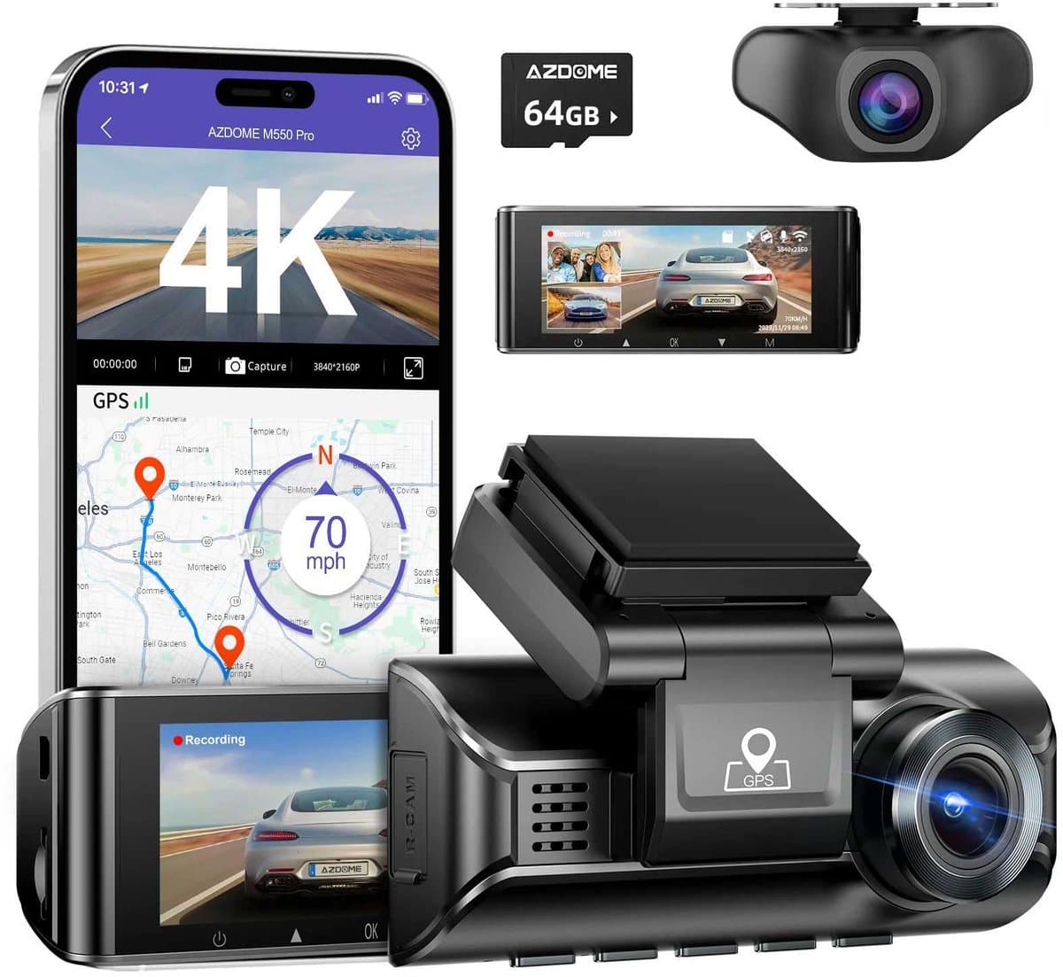 AZDome M770 Pro 2CH 4K Wifi Gps dashcam voor auto - 4K + FullHD resolutie - Night vision - Parkeerbeveiliging - 64gb Micro SD kaart - 3,0 inch LCD scherm - 170 + 140 graden kijkhoek - Nachtzicht (EAN: 6973888262560)
