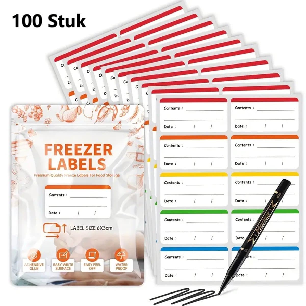 Set Van 100 Gekleurde Vriezer & Voedselopslag Labels I Diepvriesetiketten I Voor Voedselcontainers I Perfect voor Keukenorganisatie (EAN: 8721025541492)