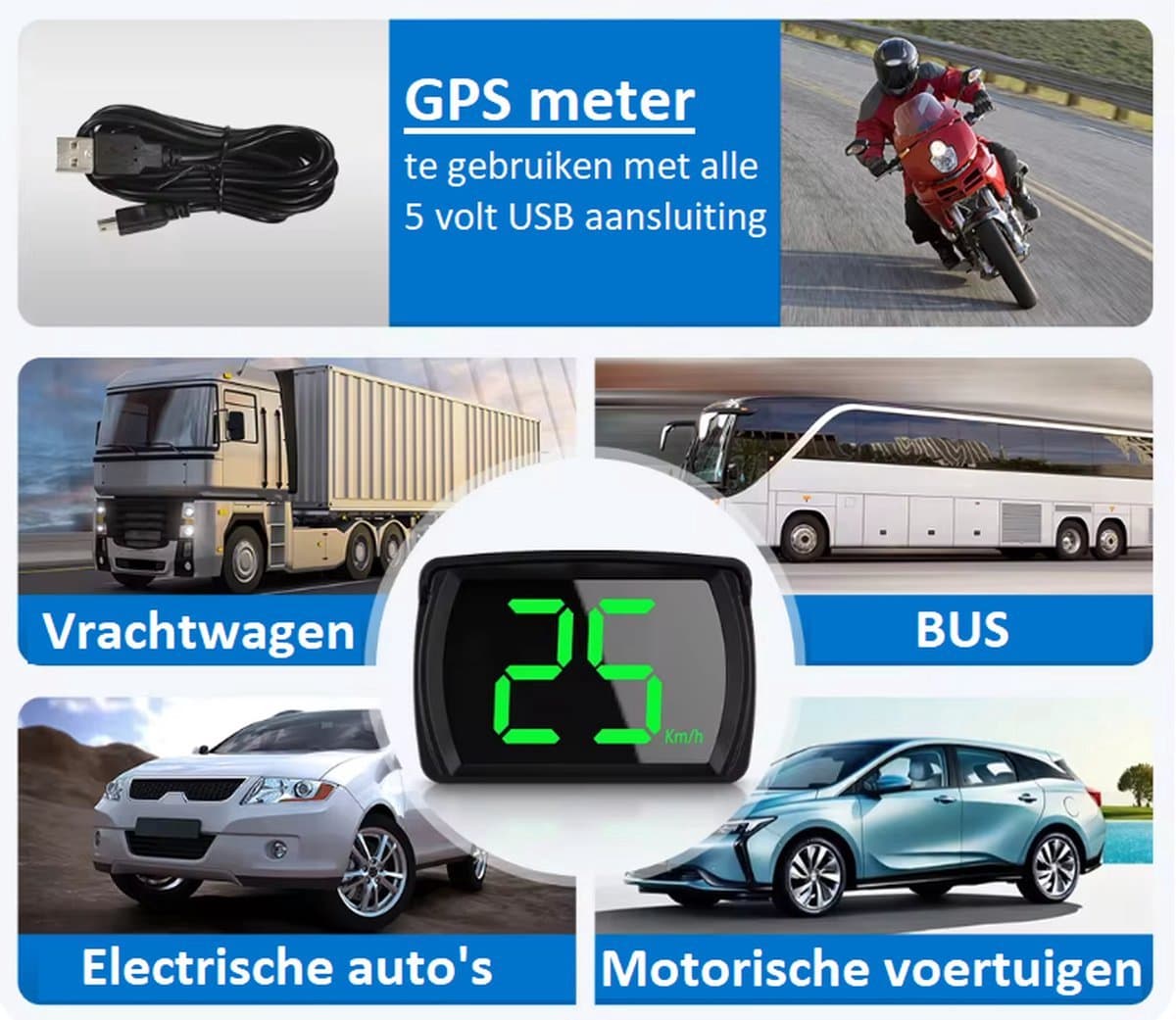 GPS Meter op USB - Dashboard Auto - Snelheidsmeter - Universeel - Auto - Motor - Scooter - Brommer - Boot (EAN: 7426998348208)