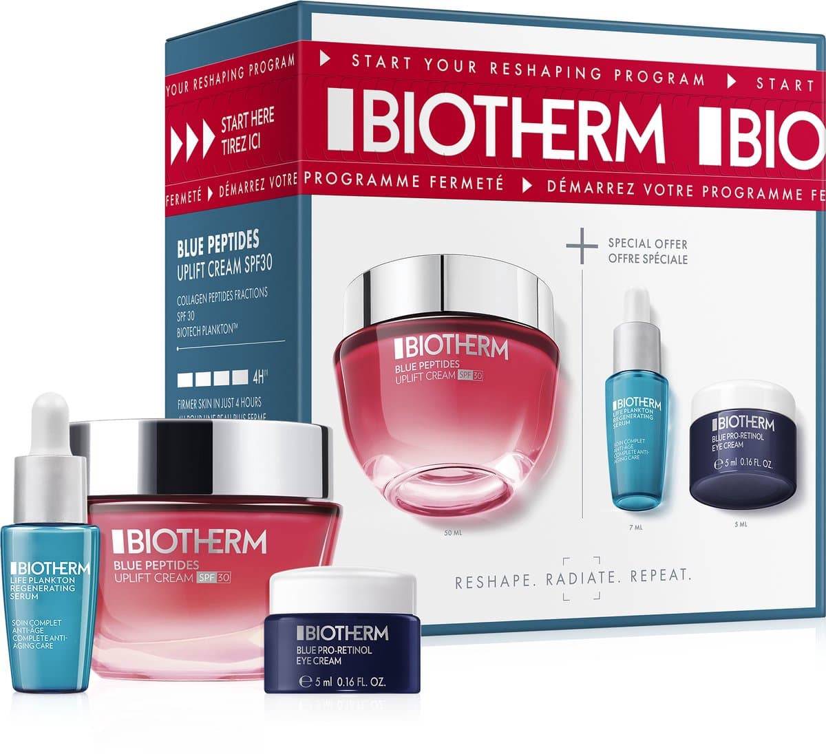 BP SPF ROUTINE SET 25: Life Plankton 7ml + Blue Peptides SPF30 50ml + Pro retinol eye cream 5ml (EAN: 3614274484571): **Wat zit er in de doos**