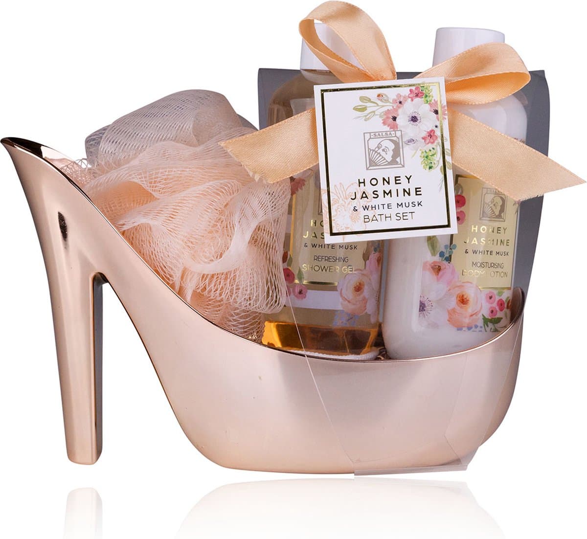 Geschenkset Vrouwen - Honey Jasmine Verwenpakket in Shiny Rosé Pump - Verjaardag cadeau vrouw, moeder, oma, vriendin, mama, zus - Cadeautje voor haar - Giftset - Huwelijk - Housewarming - kerst cadeautjes volwassenen (EAN: 4015953696442): Wat zit ...