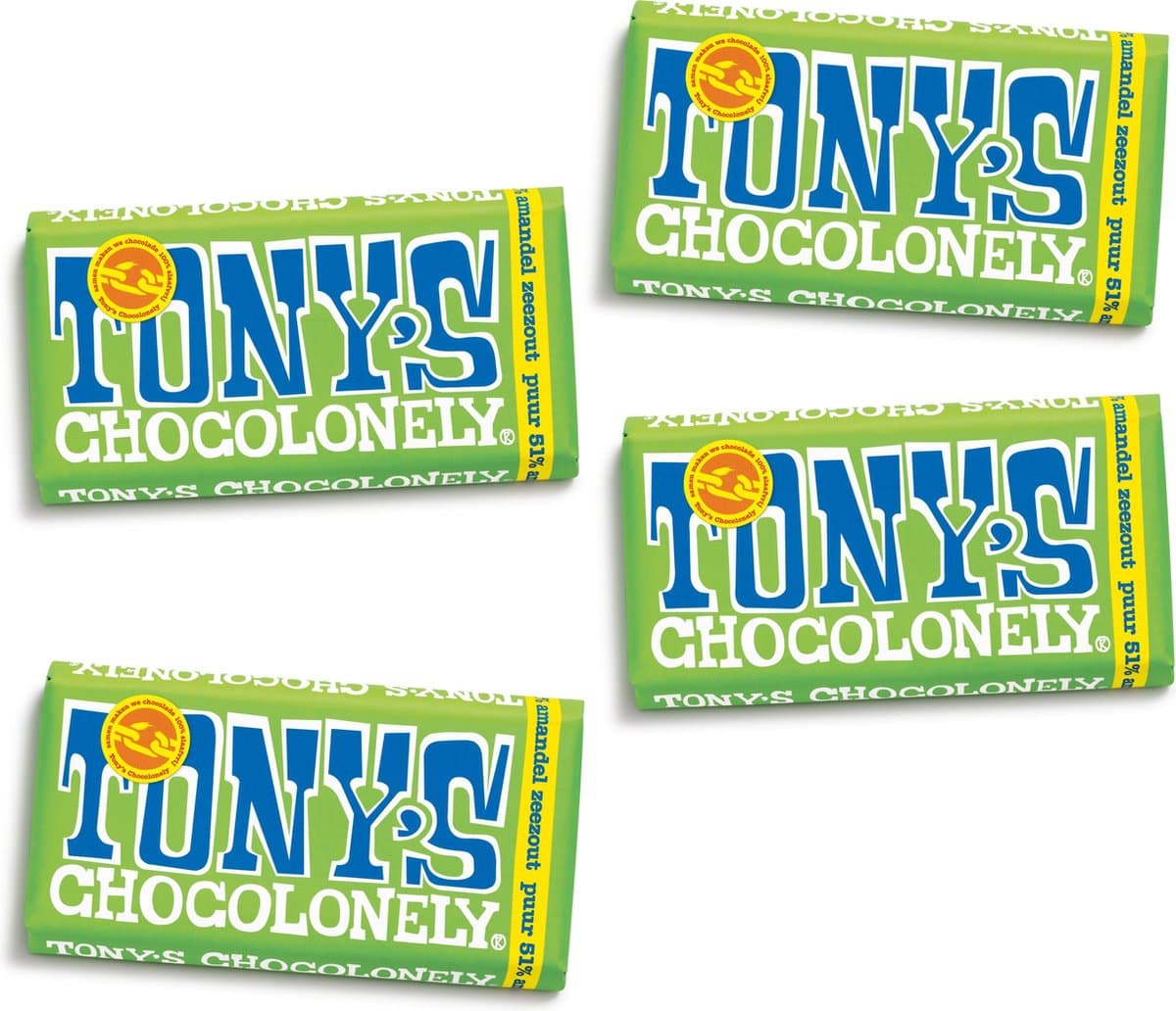 Tony's Chocolonely Puur Amandel Zeezout Chocolade Reep - 4 x 180 gram Chocola (EAN: 8719956494987): 🎈 Waarom Tony’s Chocolonely