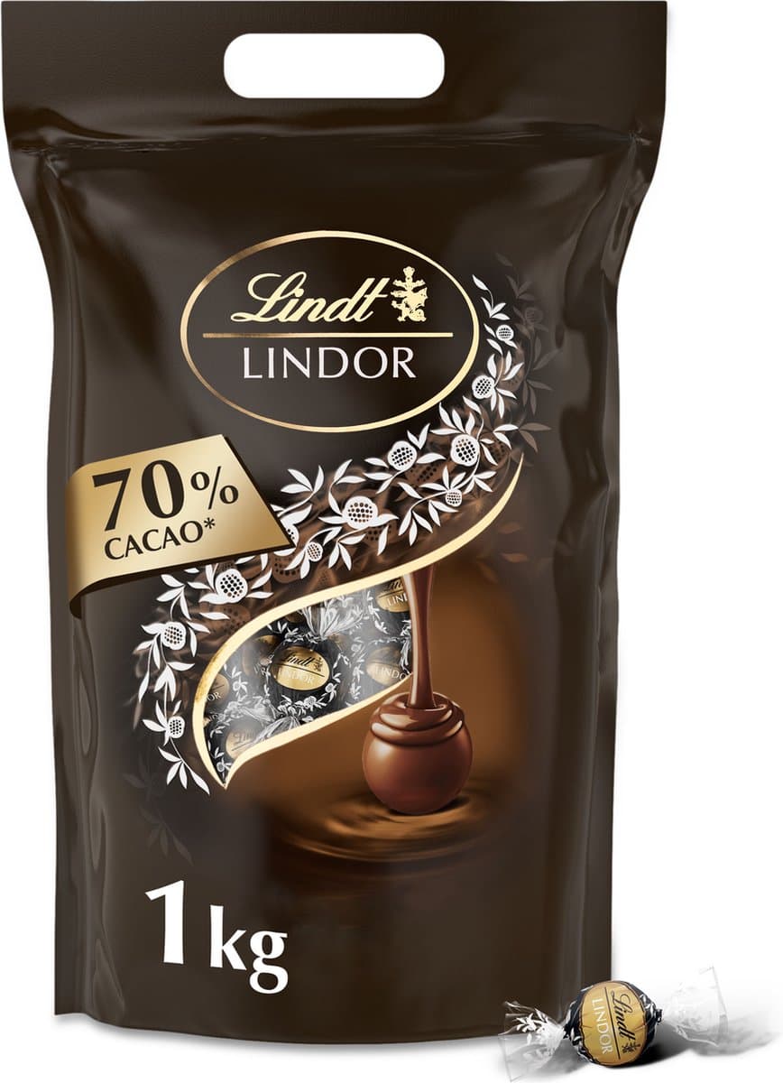 Lindt LINDOR 70% pure chocolade bonbons 1kg - 80 zacht smeltende pure chocolade bonbons - hersluitbare verpakking (EAN: 8003340802527)