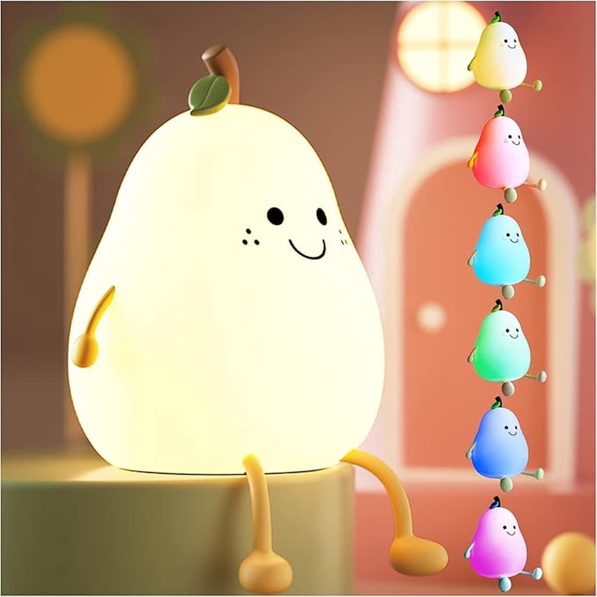 Lucas Kinder nachtlampje | Timer | veilig voor kinderen | USB oplaadbaar | LED | Peer | RGB kleuren| Dimbaar | Babykamer verlichting (EAN: 9502489378812)